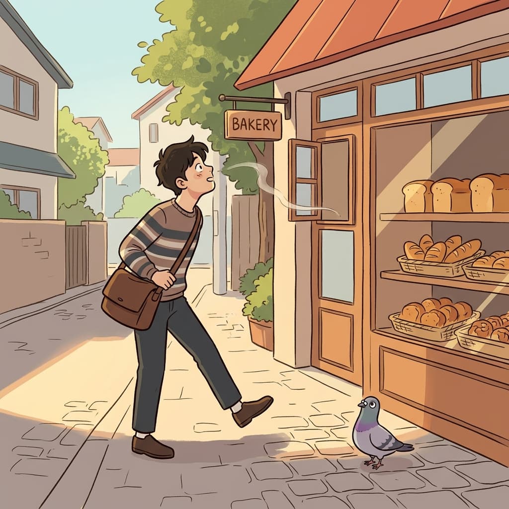 A small whiff of fresh bread pulls him toward the bakery window.