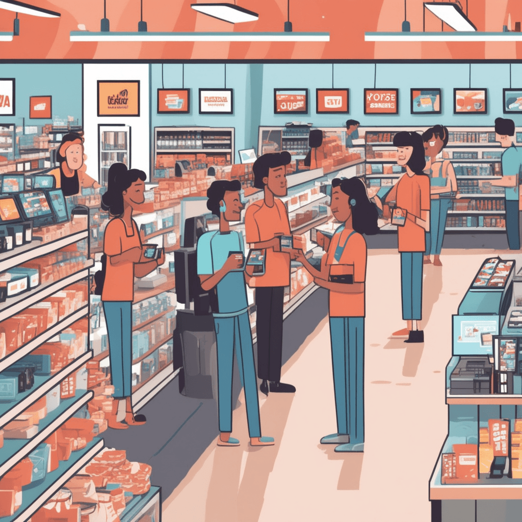 a store employee holds up one of the last smartphones from a nearly empty display shelf. Eager customers reach forward with their hands extended, trying to grab the final available units. The shelf behind the employee shows only a few remaining boxes where there were once many products stacked high. Empty spaces on the display clearly show where popular items have already been sold out. Disappointed customers in the background shake their heads as they realize they arrived too late. Other shoppers hurry toward the counter hoping to secure one of the remaining devices. products being available only for as long as the current stock lasts