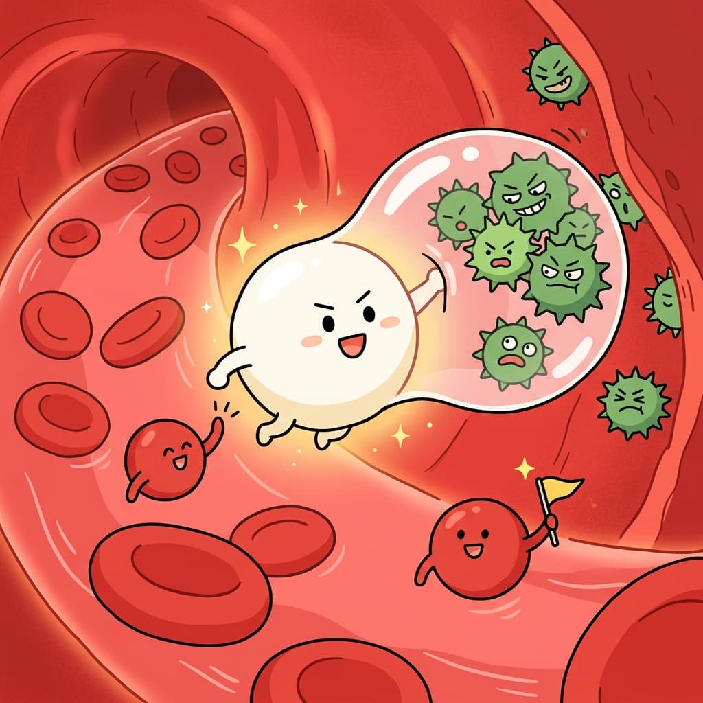 A white blood cell charges in to destroy invading bacteria inside the bloodstream.