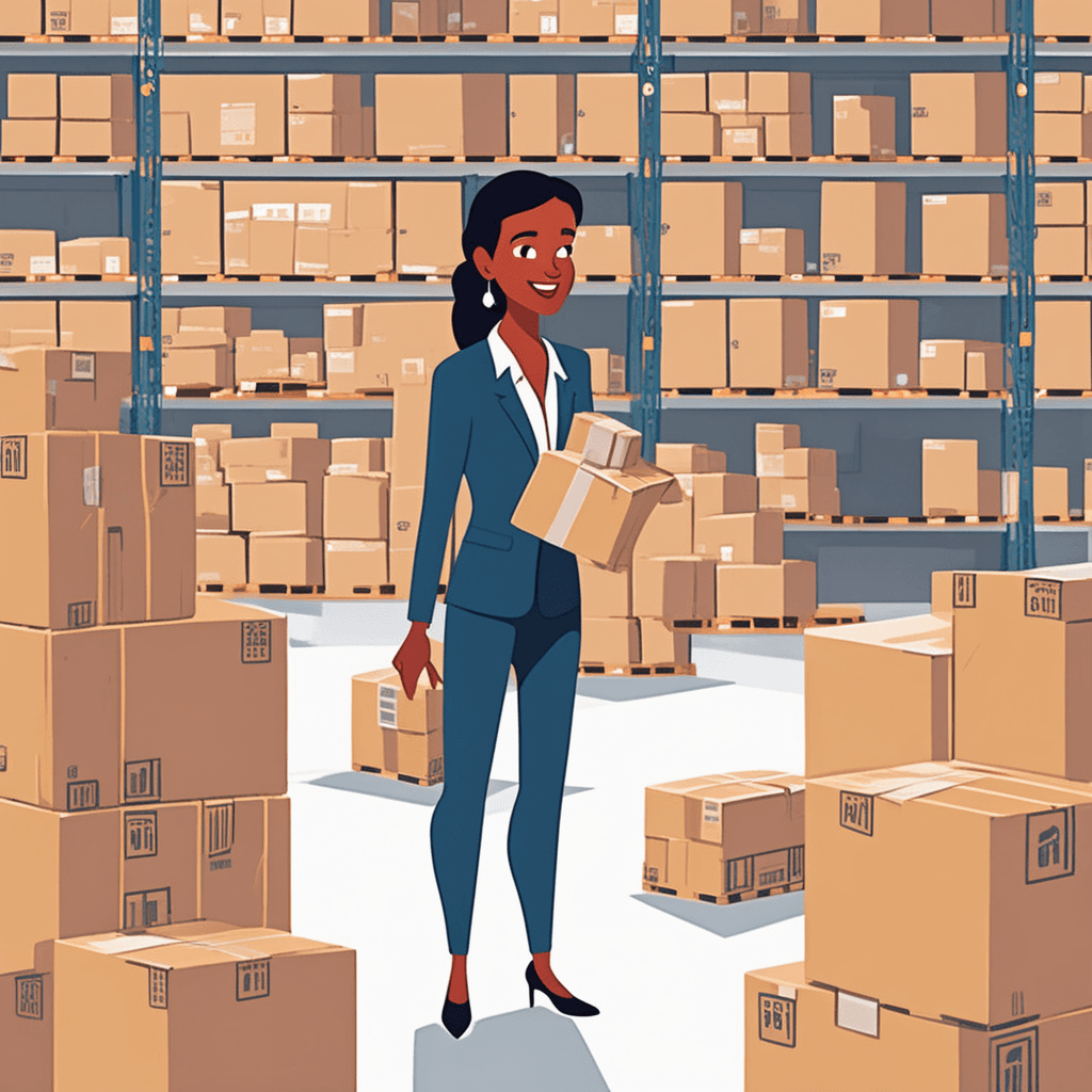 a professional businesswoman in a suit gestures toward towering stacks of identical product boxes while speaking with a store manager. She holds a clipboard showing bulk pricing while pointing to pallets of merchandise ready for shipment. The store manager examines the large quantities available and nods approvingly at the wholesale deal. Behind them, workers load entire pallets onto multiple delivery trucks destined for different retail locations. Several other retail buyers wait nearby to discuss their own bulk orders. a person selling goods in large quantities to retailers rather than individual consumers