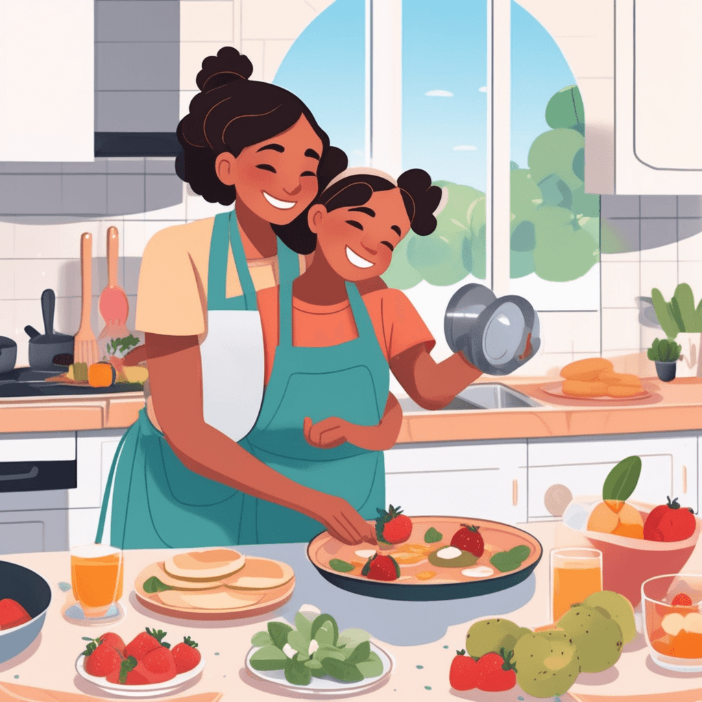a mother and her young daughter work side by side preparing fresh fruit salad and whole grain pancakes. They smile warmly at each other while washing berries and mixing batter in ceramic bowls. The healthy ingredients create a colorful spread across the clean wooden counter. Steam rises from a pot of oatmeal as natural sunlight streams through the window. The father sets the table with care while the family dog sits patiently nearby. Everyone's faces glow with contentment and genuine happiness from this nurturing routine. a scene that is morally good and conducive to physical well-being