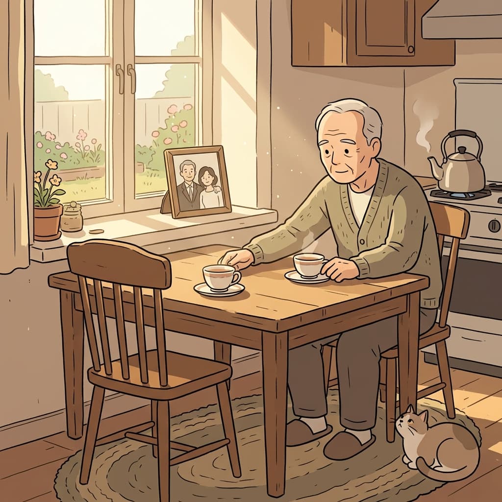 The elderly widower sits alone at breakfast, still setting two cups out of habit.