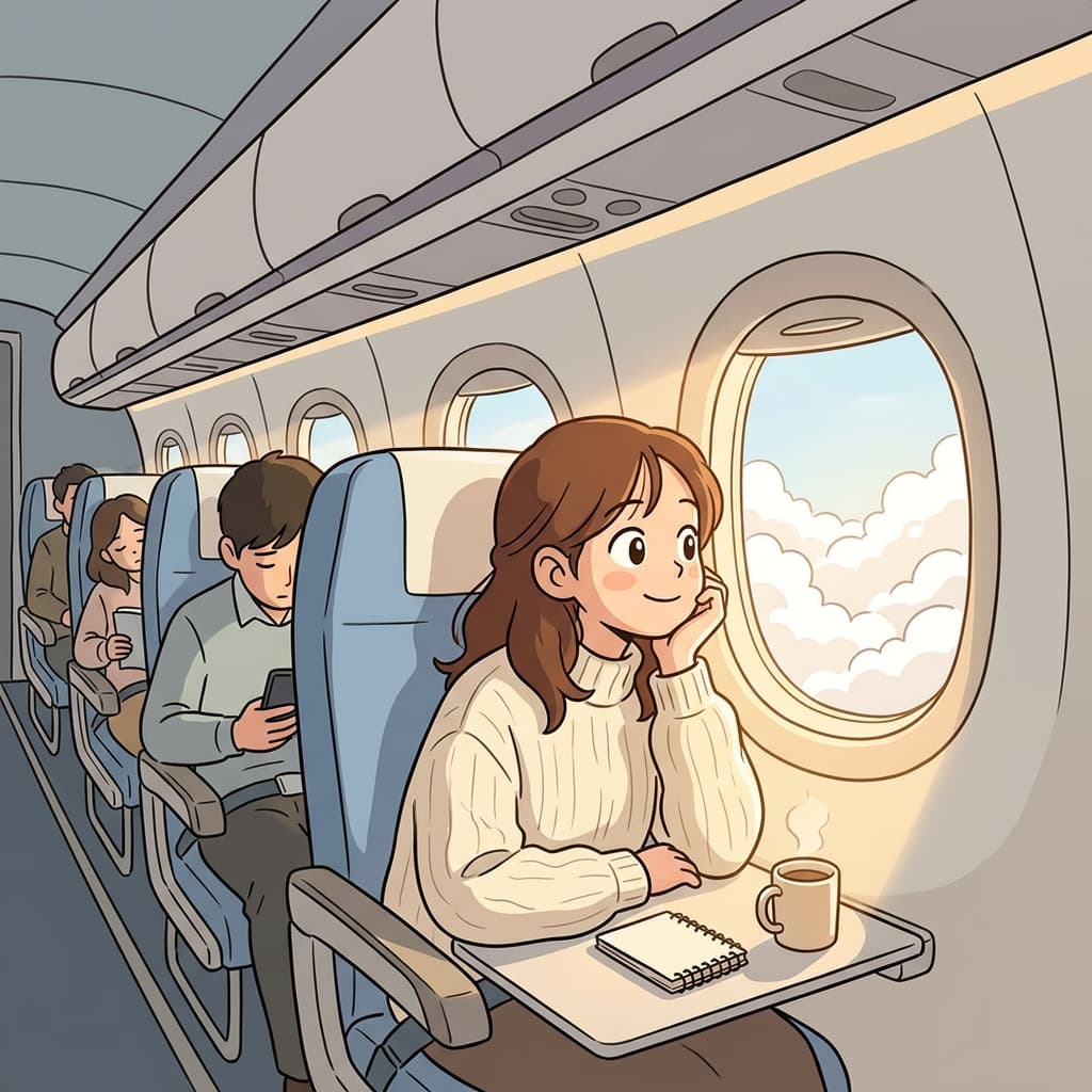 She grabbed the window seat and watched clouds drift by all flight.