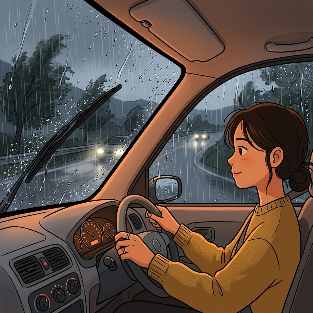 The windshield blocks the heavy rain as she drives through the storm.
