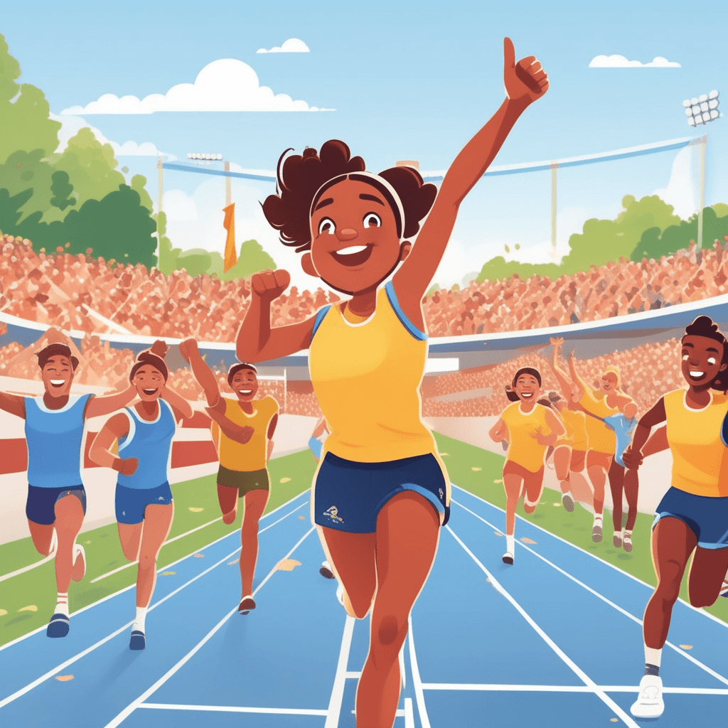a young athlete breaks through the finish line ribbon with arms raised high in victory. Her face beams with joy and accomplishment as she crosses first place. The ribbon snaps behind her while other runners are still approaching the line. The crowd in the bleachers erupts in cheers and applause. Teammates rush toward her with congratulatory hugs and high-fives. someone who is winning through successful competition and displaying attractive, charming confidence