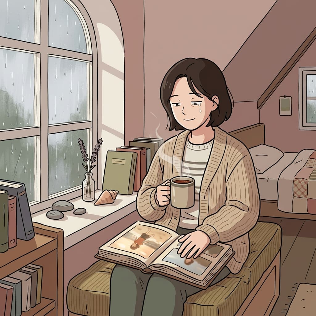She gazed out the rainy window with a wistful smile, remembering summers long past.