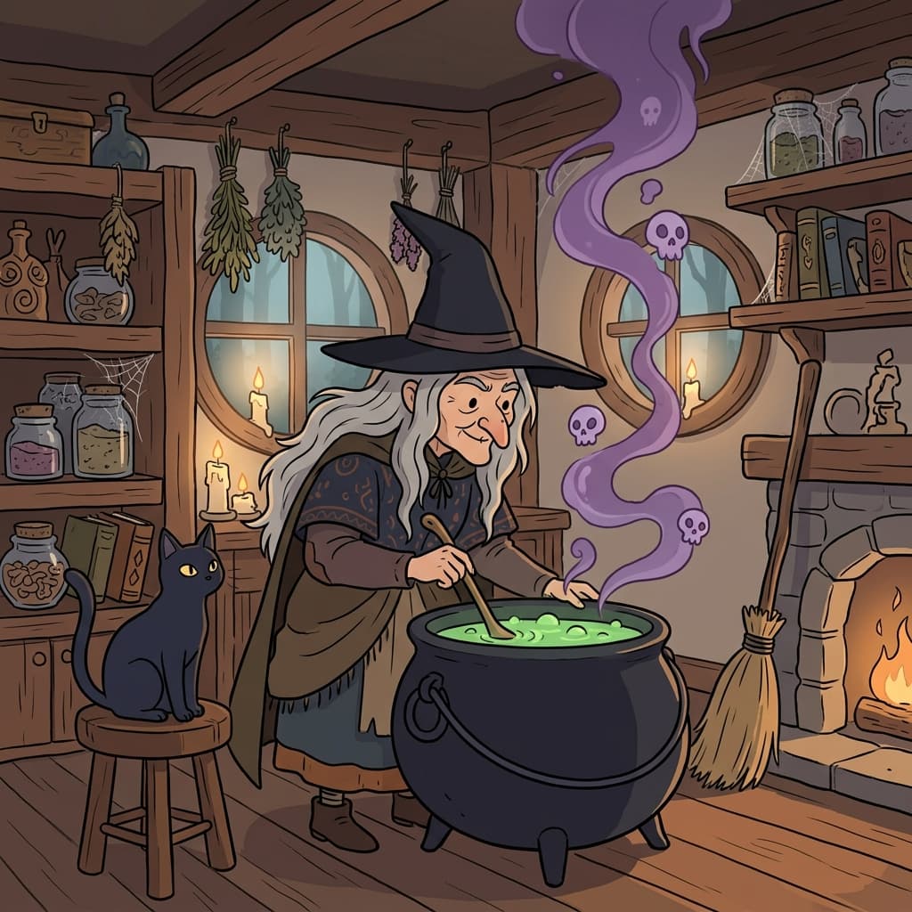 The old witch stirs a bubbling green potion in her candlelit cottage.