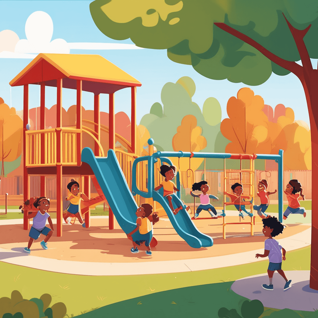 five children happily climb and play on colorful playground equipment while laughing together. One child sits alone on a nearby bench, clearly separated from the group's fun activity. The playing children continue their games without noticing the excluded child. The sitting child watches the others with a disappointed expression while holding a toy. one person being apart from or excluded from the group's activity