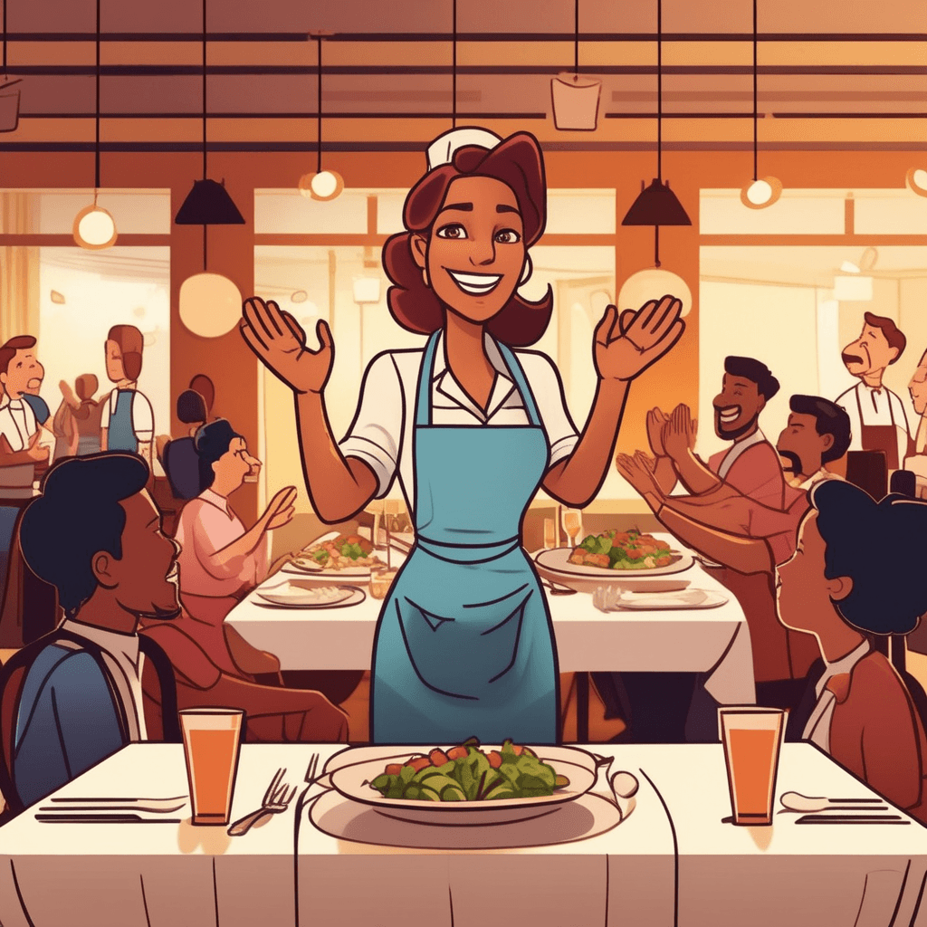 a restaurant critic enthusiastically stands up from her table and applauds loudly with raised hands. She has a huge smile and her whole body shows excitement as she claps for the chef who emerges from the kitchen. The chef looks surprised and delighted by this overwhelming positive reaction to the meal. Other diners at nearby tables turn to watch and begin clapping along with genuine smiles. The critic's plate is completely empty, showing she enjoyed every bite of the elaborate dish. someone expressing approval completely without any doubts, conditions, or limitations