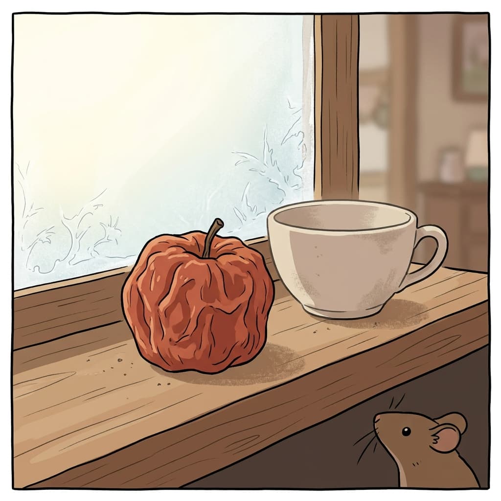 The forgotten apple began to wizen on the windowsill over the long winter.