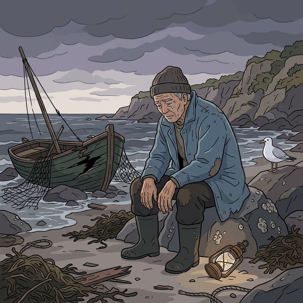 After losing everything in the storm, the old fisherman sat in silent woe by his broken boat.