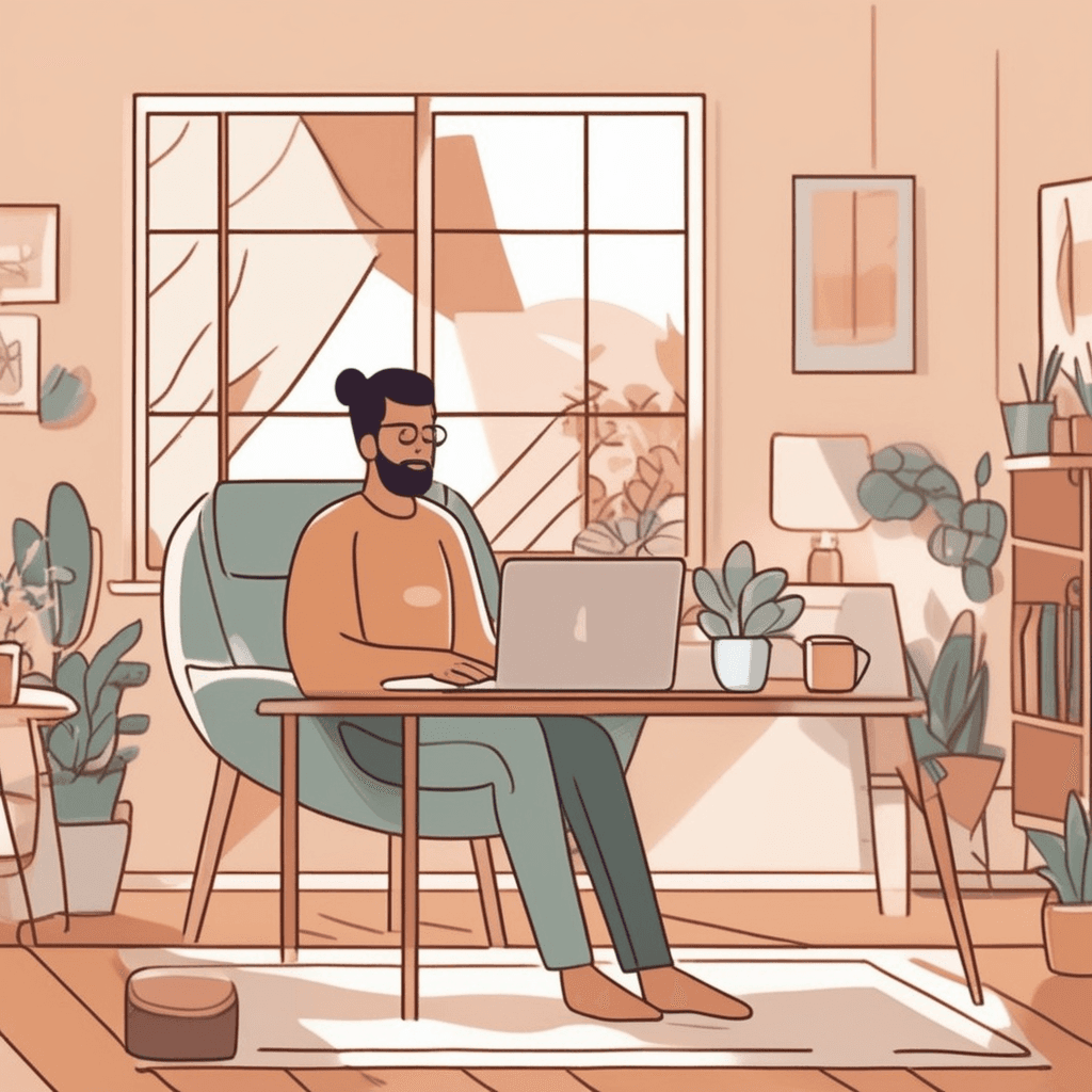 a person sits at a dining table with a laptop open, actively typing while wearing casual home clothes. Coffee mug and notebooks are scattered around the makeshift workspace. Instead of commuting to an office building, they conduct a video call from their cozy living room. Family members quietly move in the background, respecting the work environment. A cat sleeps peacefully on a nearby couch while the person continues their professional tasks. someone performing their job duties from their residence instead of going to an office