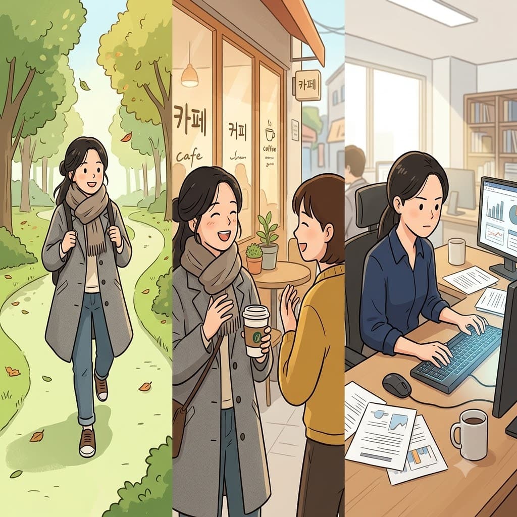 Taking a morning walk and having a quick coffee talk, she sat down at her desk to work.