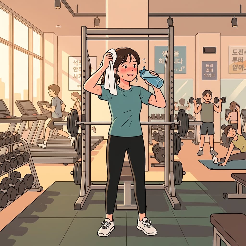 She finishes an intense workout at the gym, sweat dripping and muscles burning.