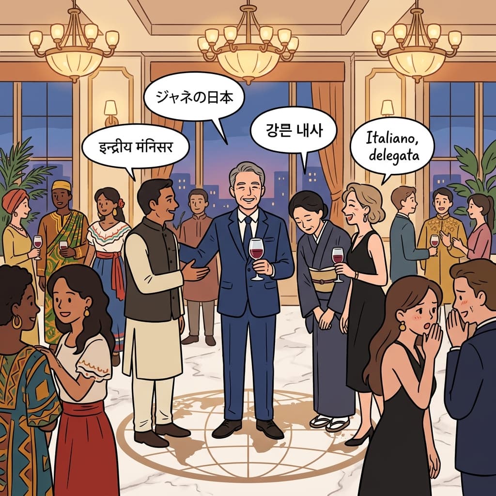 The worldly diplomat charms guests in five languages at the embassy gala.