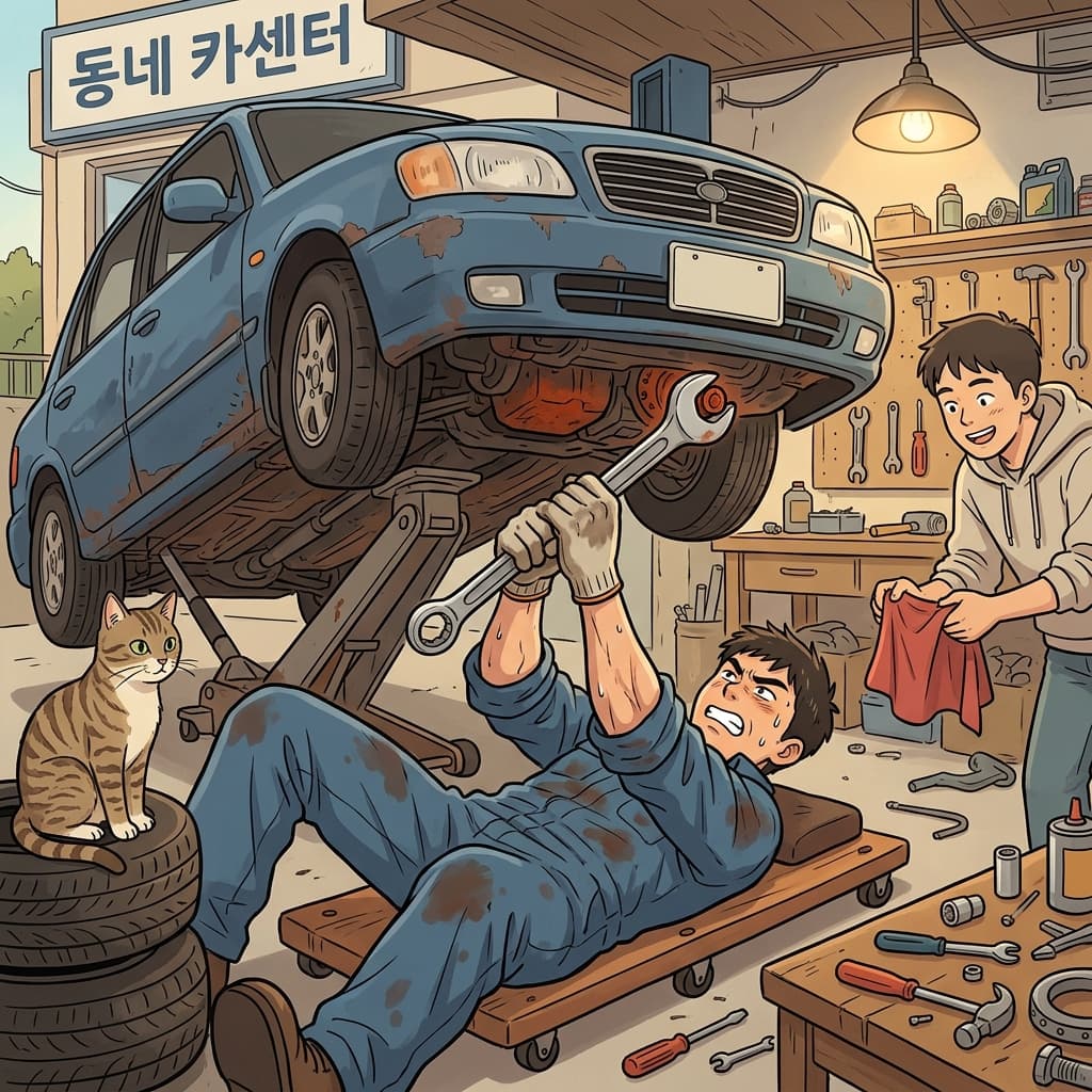 The mechanic tightens a rusty bolt with a heavy wrench under the car.