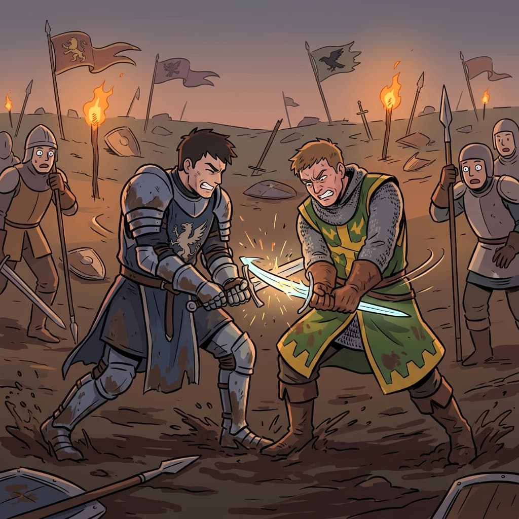 The knight tries to wrest the sword from the enemy's grip mid-battle.