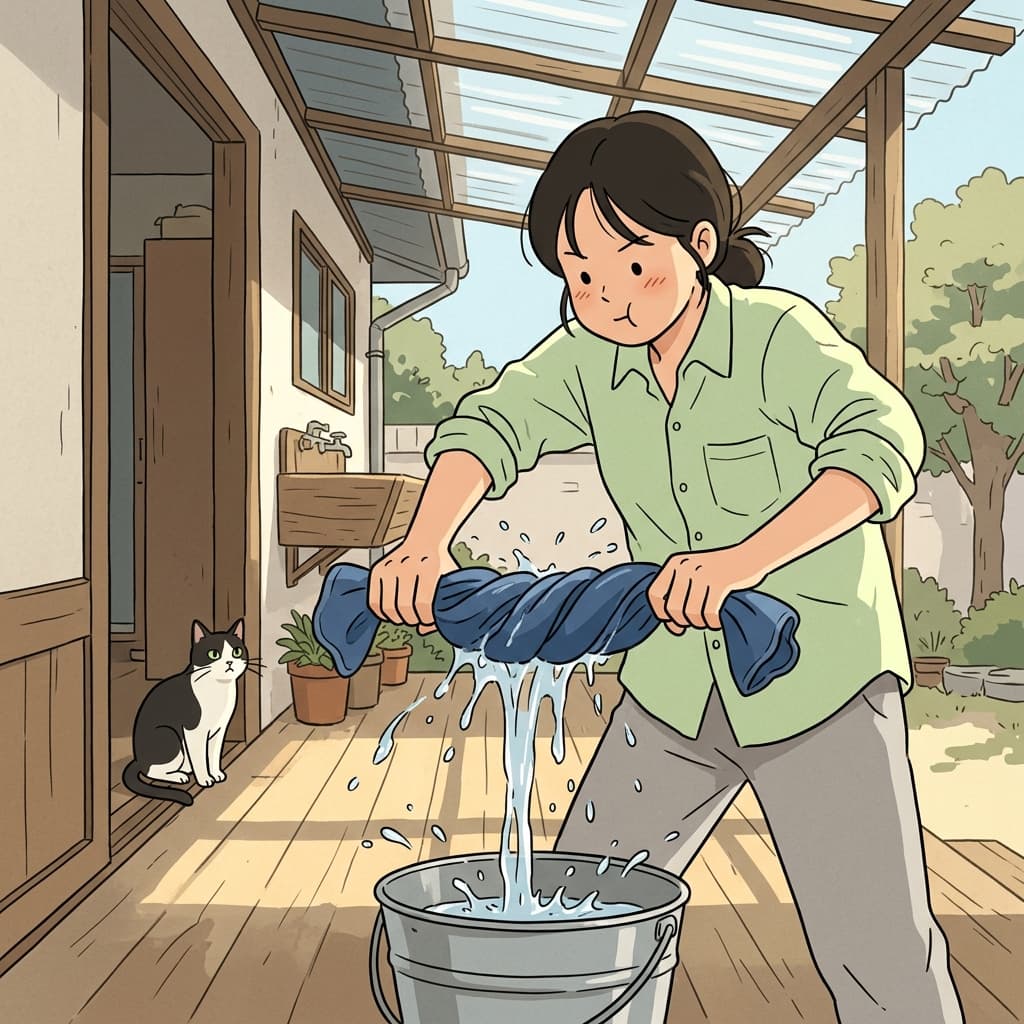 She wrings the soaked towel until every drop splashes into the bucket.