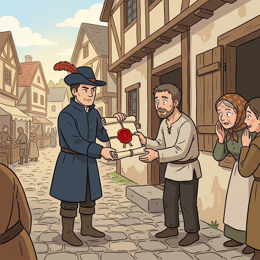 The bailiff hands over a royal writ ordering him to appear in court.