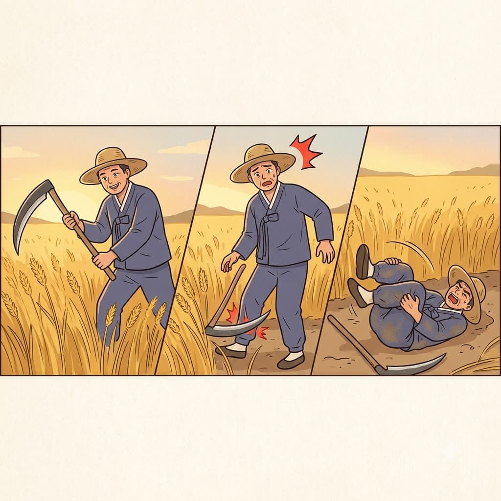 Dropping his sharp scythe, the careless farmer fell into the dirt to writhe in terrible pain.