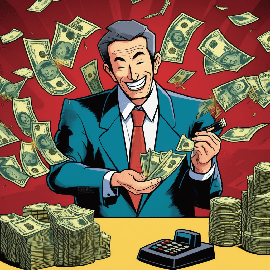 Ten yen bills shine bright as he grips his pen!
