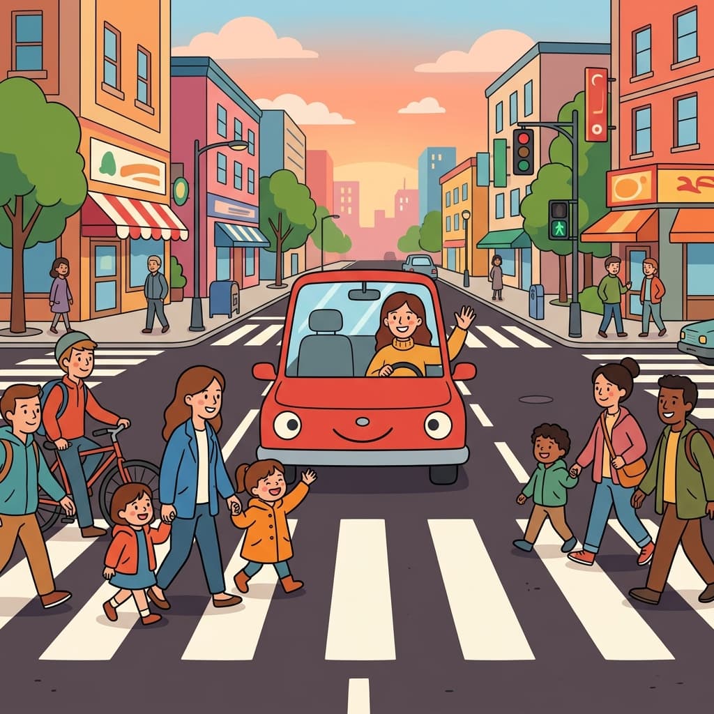 The driver yielded to the pedestrians at the crosswalk.