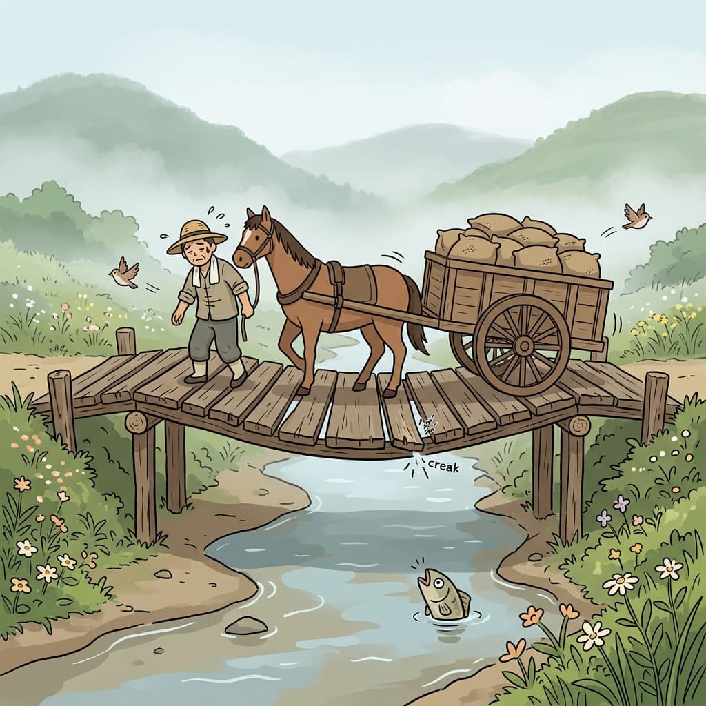 The old wooden bridge is yielding under the weight of the heavy wagon.