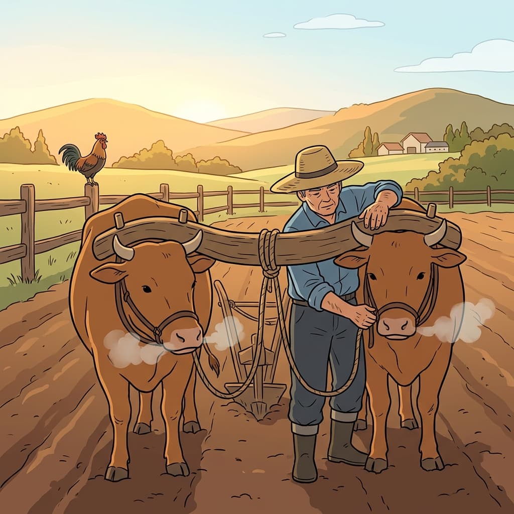 The farmer places a wooden yoke on two oxen before plowing the field.