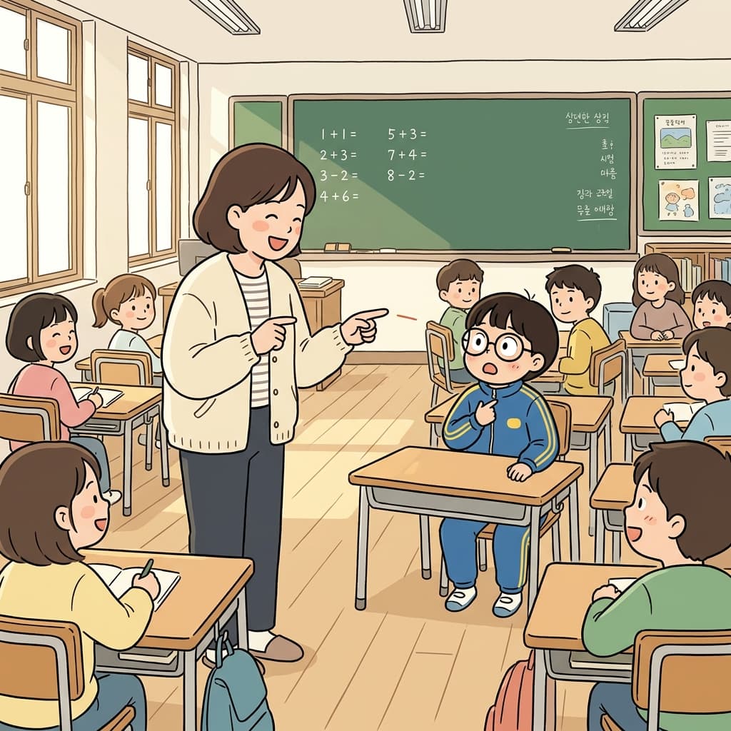 The teacher points and says, 'You — yes, you — solved it correctly!'