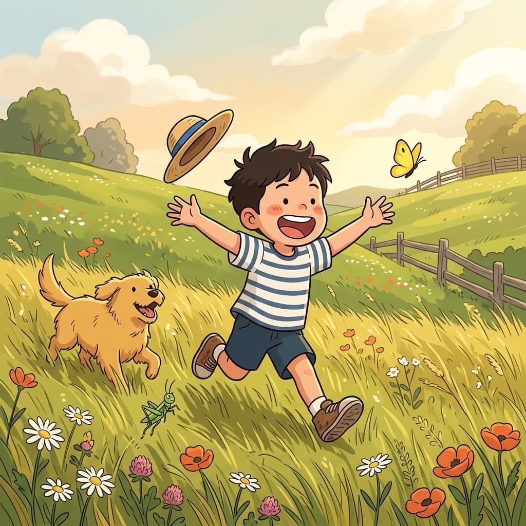 A curious youngster chases a butterfly through the summer meadow.