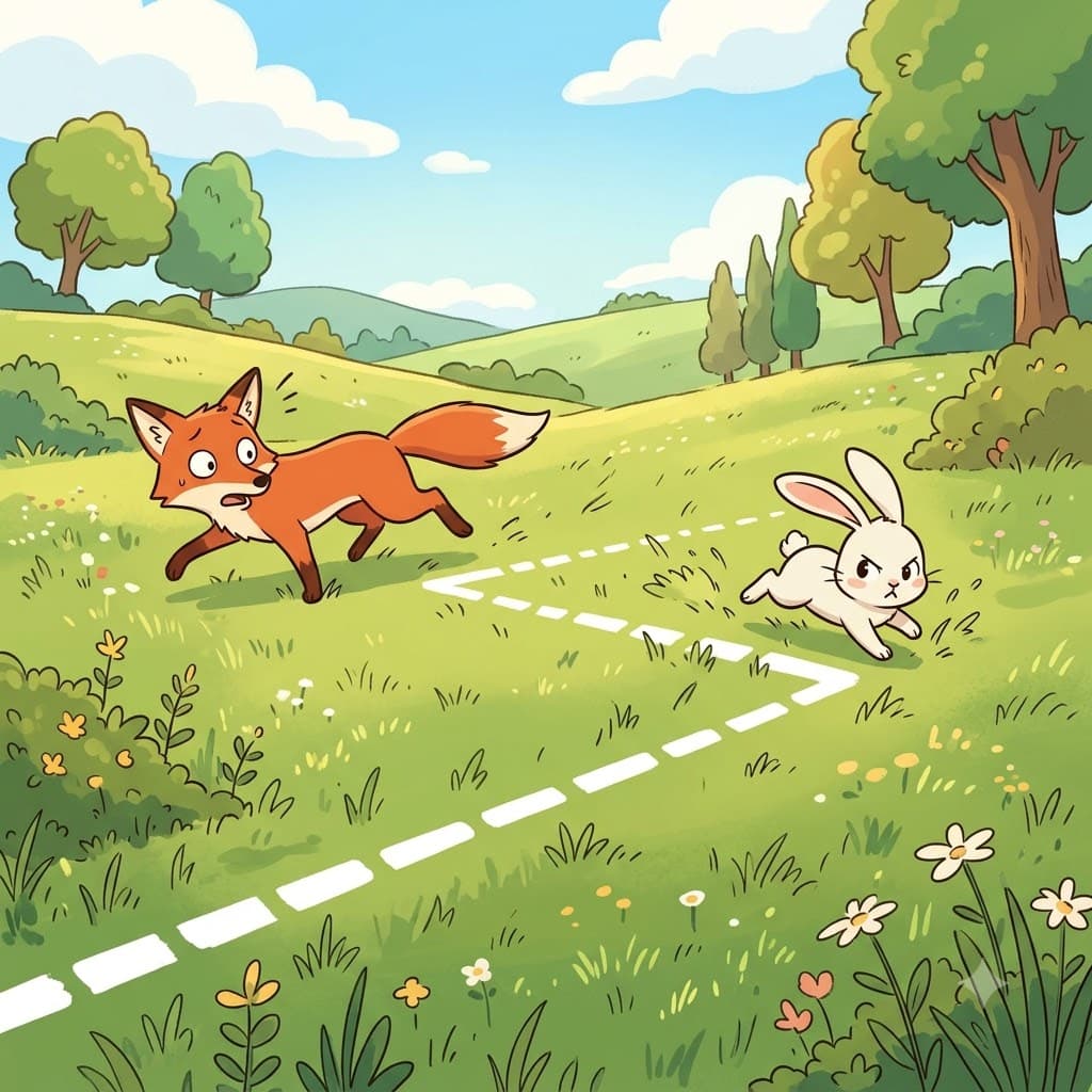 The rabbit zagged to the right and escaped the chasing fox.
